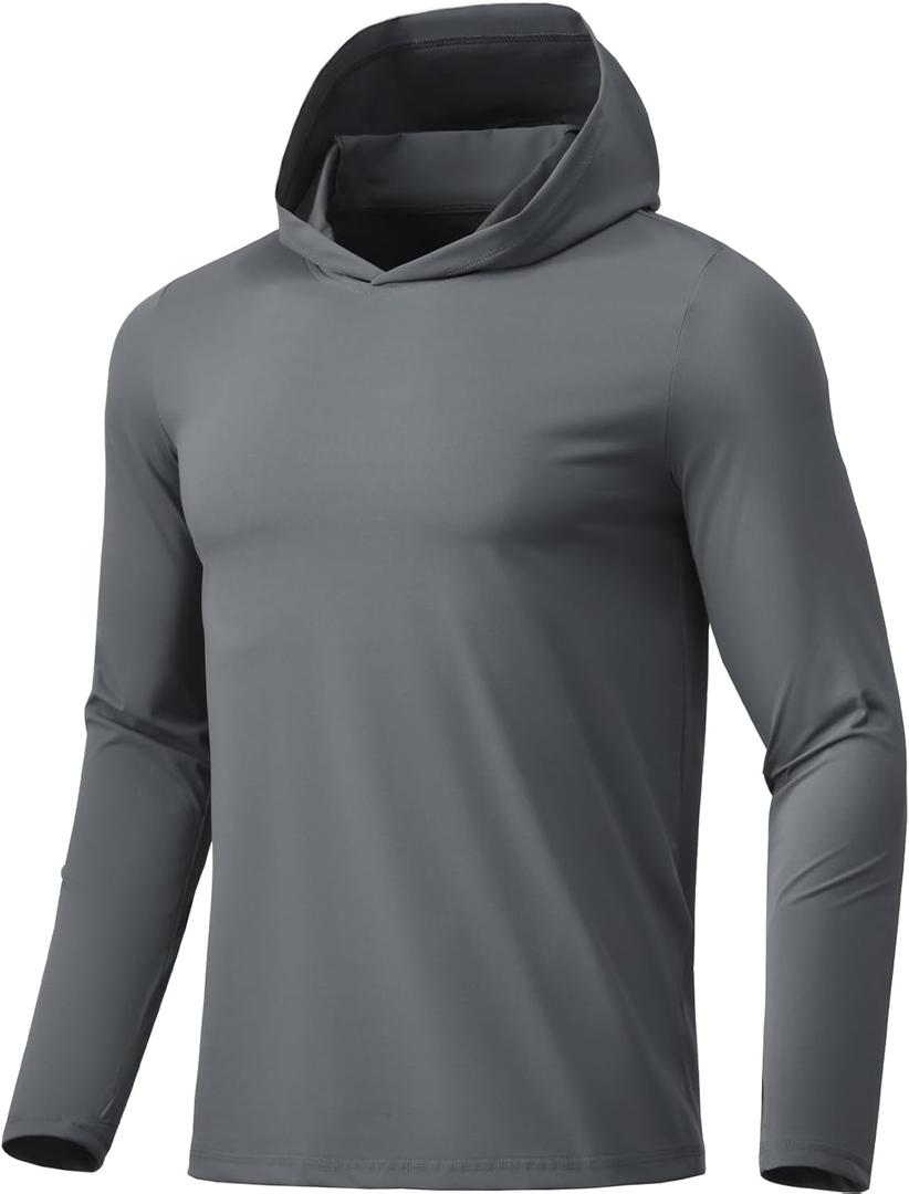Men Athletic Hoodies Long Sleeve Fishing Shirts UPF 50+ Sun Protection Dry Fit Wicking Hooded Running Shirts (Large, Ash)