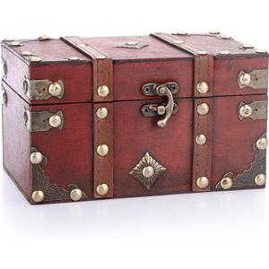 ELLDOO Vintage Treasure Chest, Pirate Keepsakes Box for Gifts, Wooden Storage Box Decorative for Jewelry Pearl Trinkets Tarot Cards, Small