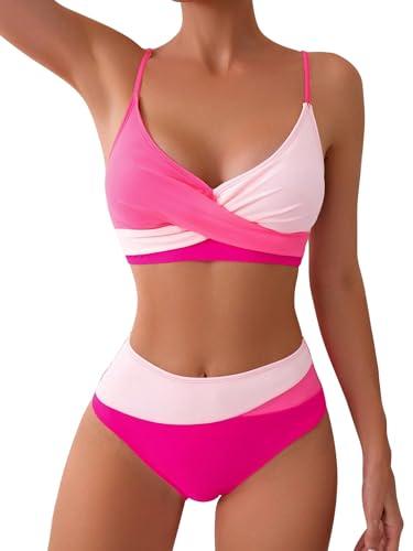 Sexybody Women' s High Waisted Bikini 2 Piece Tummy Control Swimsuits V Neck Modest Criss Cross Color Block Bathing Suit Medium 182 Rose Red