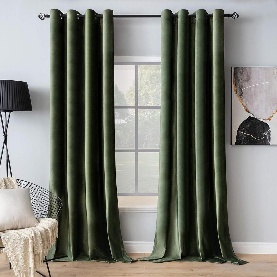 MIULEE 90 Inches Velvet Curtains Olive Green Elegant Grommet Curtains Thermal Insulated Soundproof Room Darkening Drapes for Classical Living Room Bedroom Decor 52 x 90 Inch Set of 2