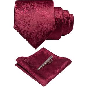 JEMYGINS Floral Necktie and Pocket Square Tie Clip Sets for Men (Burgundy)
