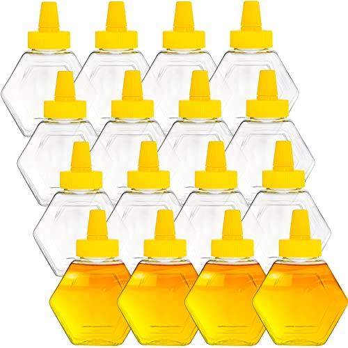Elsjoy 16 Pack Plastic Honey Bottle Jars, 7 Oz Squeeze Bottles Empty Jars with Spout, Refillable Condiment Bottles Clear Container for Storing and Dispensing, Hexagon Shape