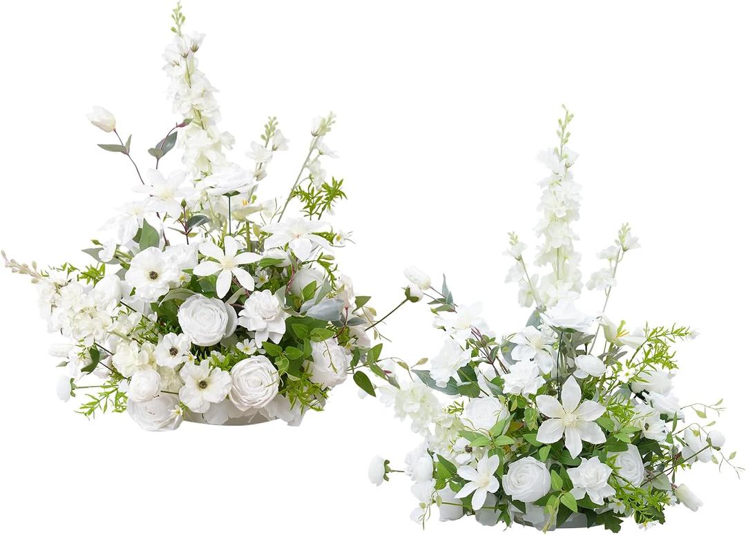 2pcs 19inch White Free Standing Flowers Ball Bouquet Artificial Rose Arrangements Balls for Wedding Centerpieces Tables Chair Aisle Runner Flowers Decor
