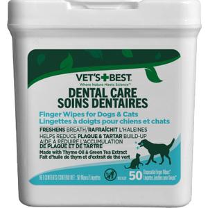 Vet's Best Dental Care Finger Wipes for Dogs, Plaque & Tartar Remover For Teeth, Dog Dental Care Freshens Breath, Teeth Cleaning Finger Wipes for Dogs & Cats, Dog Wipes, Pet Wipes For Cats, 50 Count