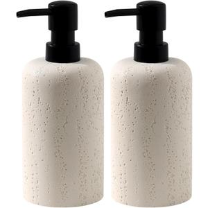 Soap Dispensers 400mL 13.5 OZ, 2 PCS Luxurious Hand Dish Lotion Shampoo Soap Dispenser Jar, Travertine Soap Bottles Rustproof Pump for Kitchen Bathroom Countertop (Ivory White)