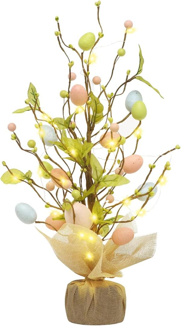RoseCraft Easter Decorations, Artificial 18 Inch PreLit Easter Egg Tree Tabletop Decor with Delicate Ornaments, for Home Party Wedding Holiday Spring Summer Decoration, Pink/Blue/Yellow.