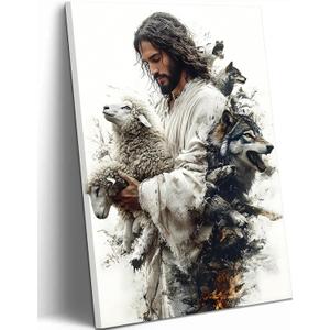 Jesus and Lamb Canvas Wall Art Jesus and the Wolf Poster Print Christian Wall Decor Picture for Living Room Church Home Decoration Prepare to hang (12x16, White)
