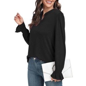 Women's Fashion Long Sleeve Tunic top Casual Loose Diamond V Neck Daily Work Shirts (Black, M)