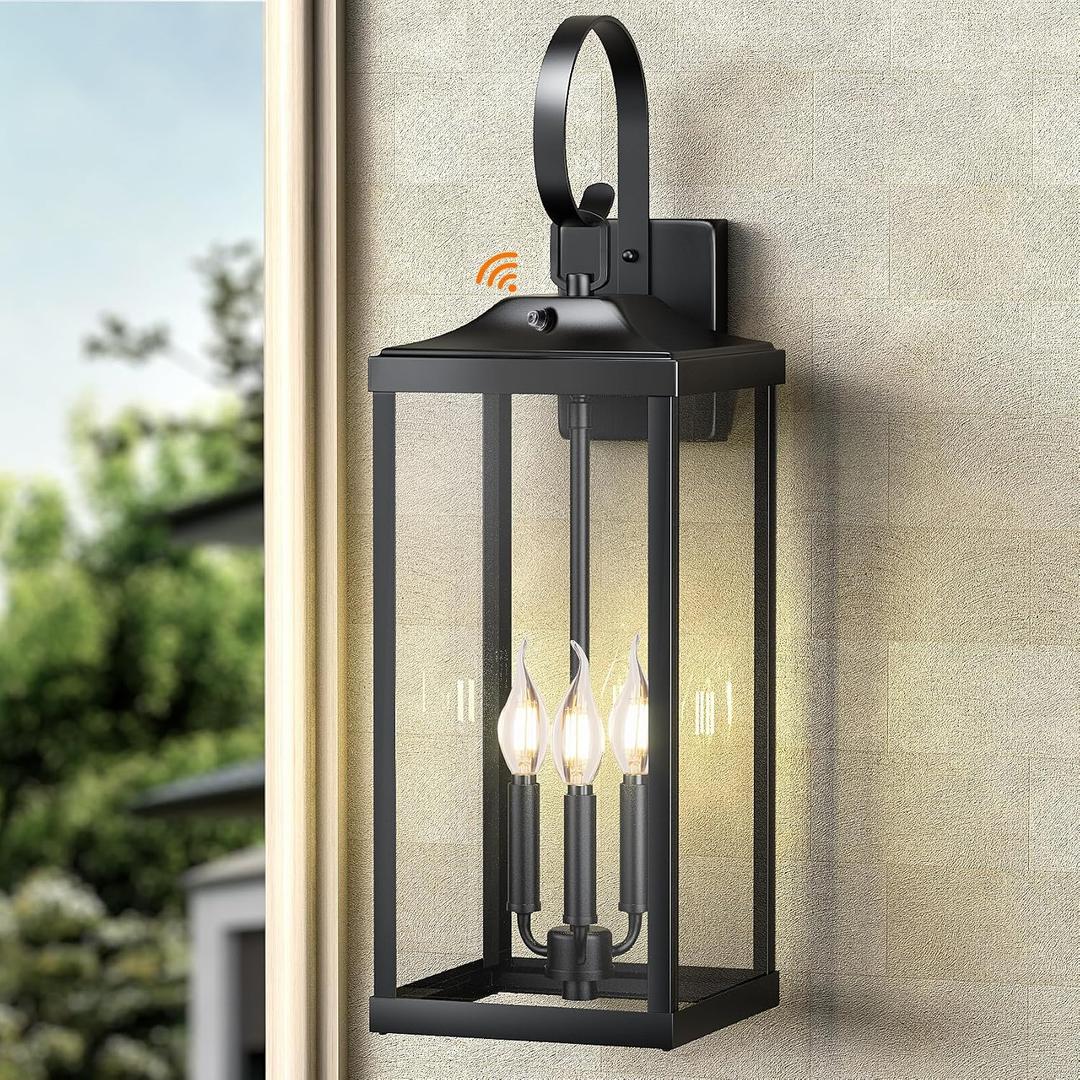 24" Extra Large Dusk to Dawn Outdoor Wall Light, Black 3-Light Waterproof Exterior Wall Mount Porch Lantern, Modern Outside Wall Sconce Coach Light with Clear Tempered Glass, E12, 1-Pack