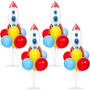 4 Sets Toy Inspired Themed Party Balloons Stand Kit With 4 Rocket Foil Balloons Toy Themed Red Blue Yellow Balloon Centerpiece for Tables for Boys Birthday Baby Shower Cartoon Party Decorations