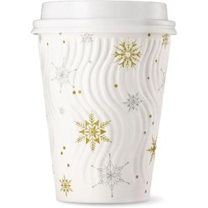 [100 SET]Harvest Pack 12 oz Christmas Coffee Cups with Lids, White Snowflake Winter Disposable Paper Cups, Insulated Ripple Wall Hot Cups, XMAS Gold and Silver Foil, Hot Chocolate To go