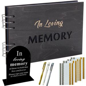 Funeral Guest Book for Memorial Service, Celebration of Life Wooden Guestbook with 80 Pages Black Paper (8.3" x 11.7"), Memorial Scrapbook for Polaroid Photos with Pens, Corners & Table Sign (Memory) (Large)