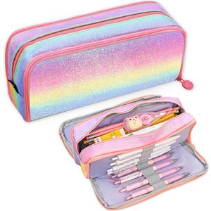 Glitter Rainbow Pencil Case, Large Capacity Pencil Pouch Pen Bag Organizer with 3 Compartments for Students School Office Supplies Back to School Gifts