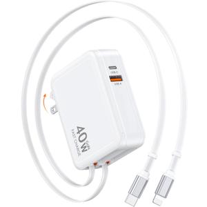 Retractable USB Charger Wall Plug with Type C Cables Cords,40W Fast Charging Foldable Block Multi Charger,4-in-1 Travel Essentials Brick Multiport for iPhone 17/16/15/14/13/12,iPad,Galaxy,LG,Pixel