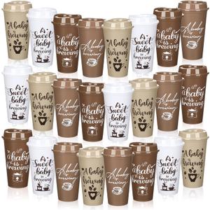 24 Pcs Baby Is Brewing Cups with Lid 16 oz Babies Is Brewing Baby Shower Decorations Coffee Themed Birthday Tumblers Bulk Plastic Cups for Gender Reveal Party Supplies Guest Gift