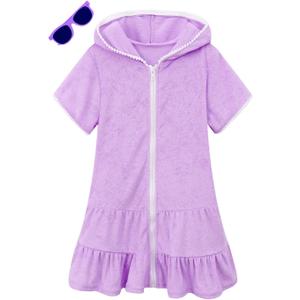LUCKYGAL Big Girls Swim Coverup Kids Beach Cover up Terry Beach Pool Wraps, Size 12 13 Purple