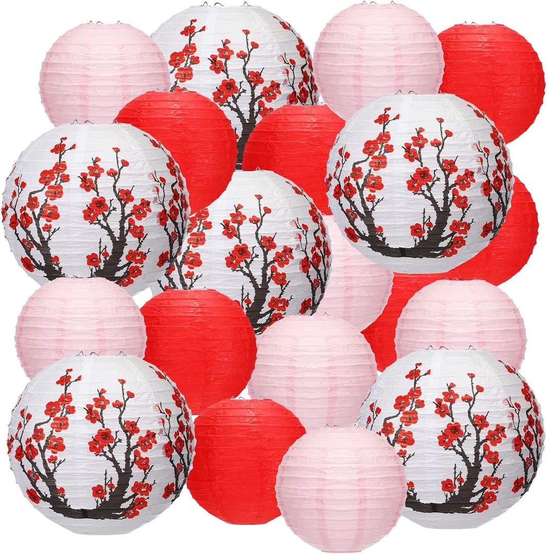 Mudder 20 Pieces Chinese Japanese Paper Lanterns Includes Cherry Flowers Paper Lanterns for Hibachi Birthday Party Asia Home Restaurant Wedding Decor(Red White and Pink,Modern Style)