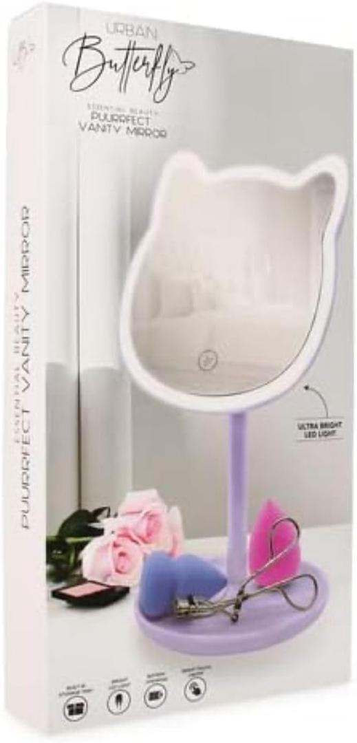 Puurrfect Mirror Gifts, Cute Cat Ears Shape Mirrors Makeup with LED Lights Touch Control (Violet) Purple. Smart Touch.