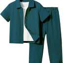 Boy's 2 Piece Outfits Textured Button Down Short Sleeve Collar Shirts Tops and Elastic Waisted Pants (7Y, Dark Green)