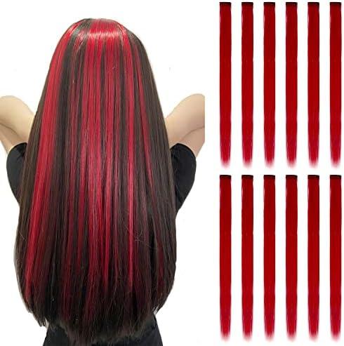 12PCS Colored Red Hair Extensions Straight Multicolor Clip in Colorful 20 Inch Rainbow Hair Extensions for Kids Women's Gifts Halloween Christmas Party Highlights (12pcs Red)
