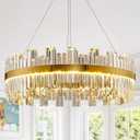 Modern LED Crystal Chandelier for Dining Room, 23.6" Round K9 Crystal Gold Chandelier, 3 Color Dimmable Light Fixture with Remote, Adjustable Height for Living Room Bedroom Entryway