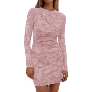 PRETTYGARDEN Women's Fall Bodycon Dresses 2026 Sexy Long Sleeve Ruched Lace Floral Mini Party Dress Tight Club Outfits, Large