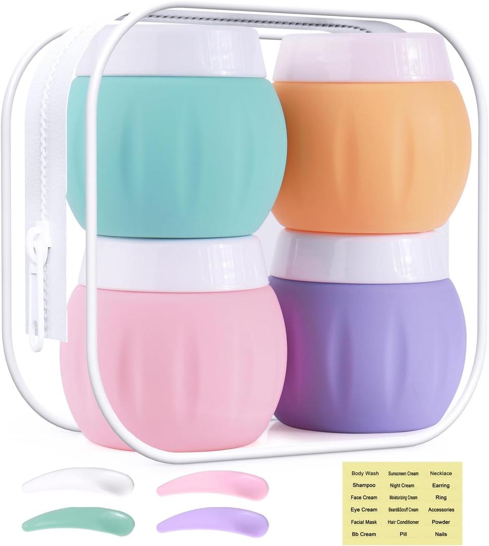Travel Containers for Toiletries, GLAMFIELDS TSA Approved 1.7oz 50ml Travel Size Silicone Cream Jars BPA Free, Leak-proof Travel Essentials with Lid for Cosmetic Face Hand Body Cream Macaron (4 Pack)
