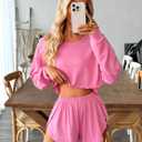 Remidoo Women's Split Short Pajama Set Long Sleeve T Shirt and Shorts Pajamas Crewneck Loungewear Pink Large