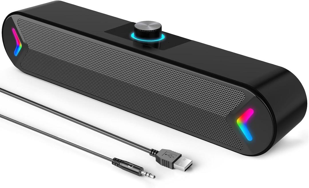 LENRUE Computer Speakers,PC Speakers for Desktop,Wired USB-Powered Sound-bar for Computer with 10W Stereo Sound and Colorful Light,Plug-n-Play (A39PRO /Black)