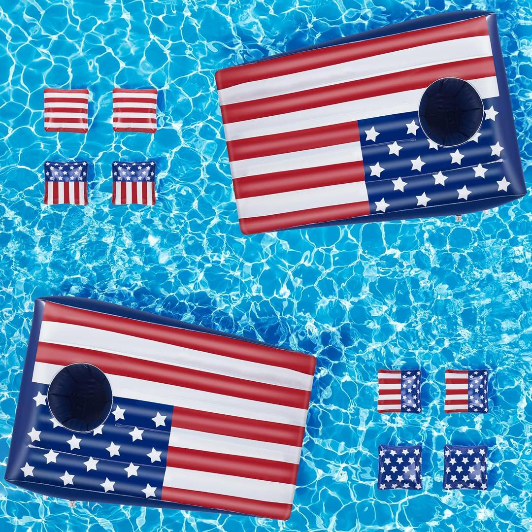 Hiboom Pool Cornhole Inflatable Bean Bag Toss Game Toy 2 Sets, Independence Day Swimming Pool Game for Teens, Adults and Family, American Flag Theme Water Floating Cornhole Toy with 8 Bean Bags