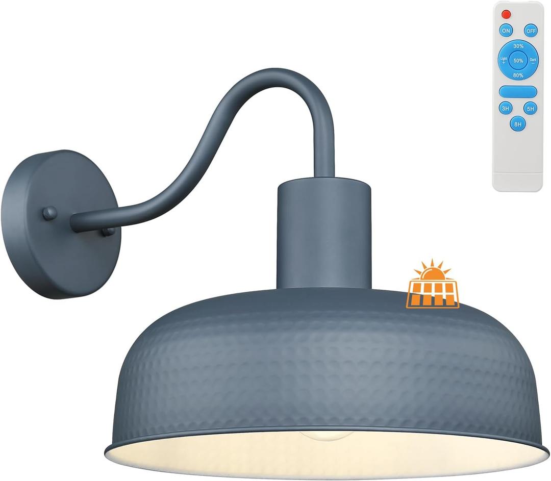Darkaway Solar Barn Light, Industrial Outdoor Wall Light Dusk to Dawn Wall Sconce Gooseneck Exterior Wall Mount Lighting Fixture with Hammered Dome Metal Shade for House Garage Porch Entry Shed