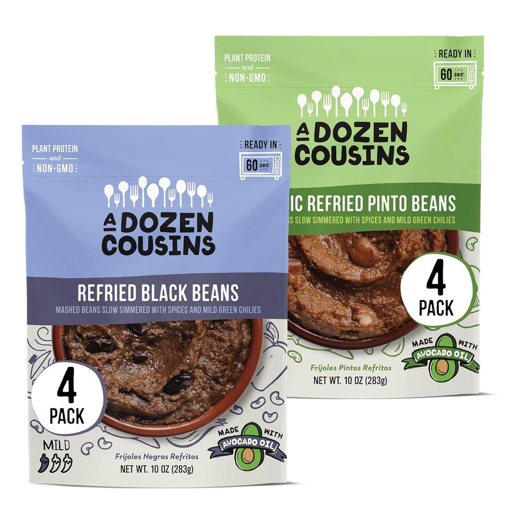 A Dozen Cousins Seasoned Refried Beans - Microwave Meals Vegan Black Beans and Pinto Beans - Non-GMO Prepared Meals Ready to Eat Made with Avocado Oil (Variety 8 Pack)