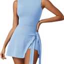Womens Round Neck Tennis Dress Sleeveless Wrap Skirt Built in Shorts Golf Athletic Dress Workout Rompers (Medium, Blue)