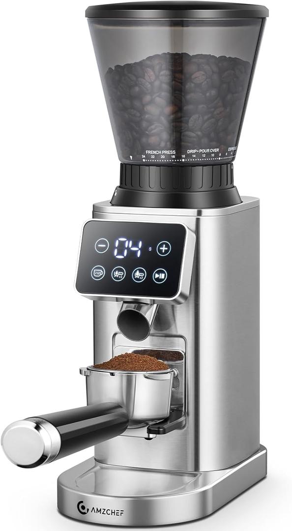 AMZCHEF Burr Coffee Grinder Electric with LED Control Panel, Espresso Grinders with Precise 24 Grinding Sets, Portafilter Holder, Anti-Static Espresso Bean Grinder for Home, Silver