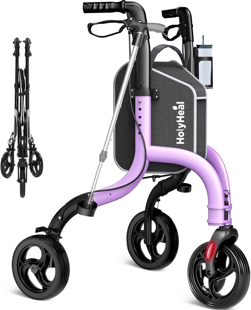 3 Wheel Walkers for Seniors, Lightweight Rollator Walkers Foldable for Elderly with Cane Hold and Cup Hold, Height Adjustable Aluminum Three Wheel Rolling Walker Mobility Aid, Purple
