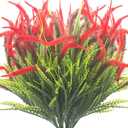 10 Bundles Artificial Plants Outdoor Fake Grass with Flowers UV Resistant Greenery Garden Porch Window Box Decorating (Red)