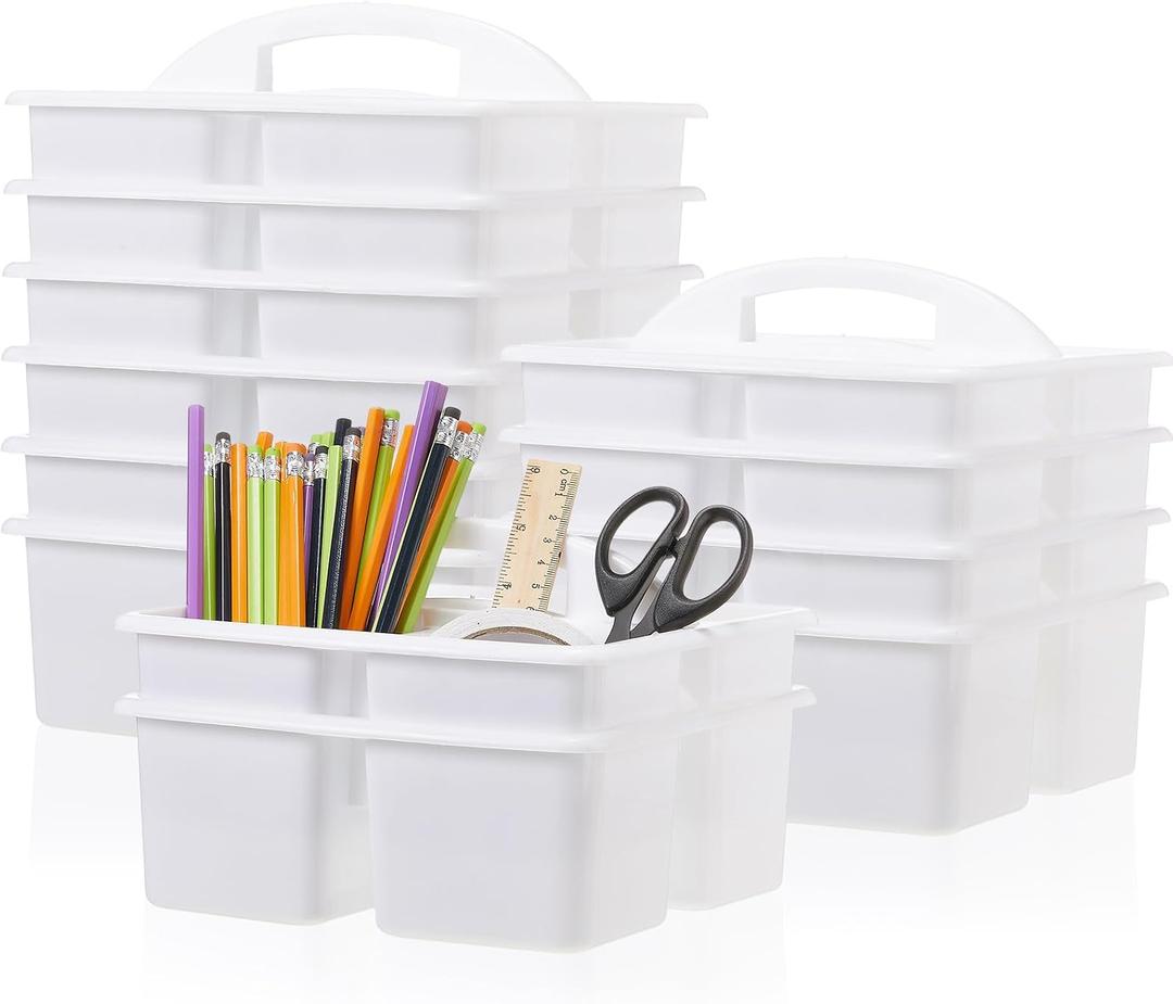 Threehoney 12 Pack Classroom Caddy Storage Basket with Handle 3 Compartment Plastic Storage Caddy Bulk for Arts Office Crafts Pencil Crayon Marker School Supplies(White)