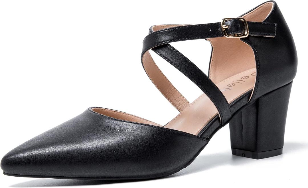 Women's Chunky Heel Pumps Cross Strap Closed Pointed Toe Dress Shoes (6.5, Matte Black)
