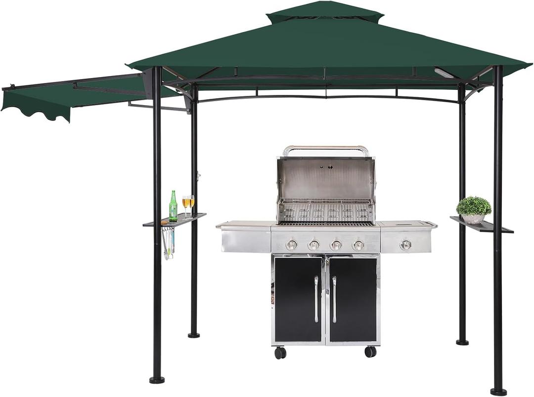 FAB BASED 5x8 Grill Gazebo with Extra Awning, All-Weather Steel Construction, Double Tiered & Resistant Canopy Roof, Metal Serving Shelves, 2 LED, Bottle Opener for Patio, Backyard, BBQ (Green)