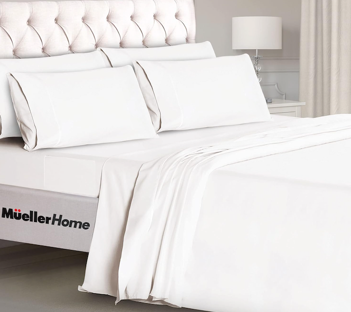 Mueller Ultratemp King Size Sheets Set, Super Soft 1800, 6 Piece, Deep Pocket up to 16" Cooling Sheets King Size, Transfers Heat, Breathes Better, Hypoallergenic, Wrinkle, White