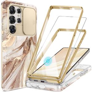GVIEWIN for Samsung Galaxy S25 Ultra Case, [Slide Camera Cover & Built-in HD Screen Protector] [2 Front Frames] Shockproof Military Grade Protective Marble Phone Case 6.9" (Topaz/Gold)