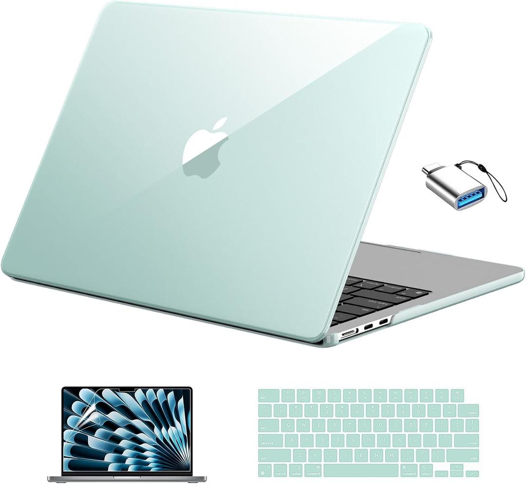 EooCoo Compatible with MacBook Air 13 inch Case M5 2026-2022 M4 M3 M2 Model A3449 A3240 A3113 A2681, Mac Air 13.6 inch Hard Shell & Keyboard Cover & Screen Film & Type-C, Crystal Sage Green