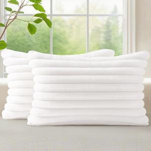 decorUhome Summer Cozy Faux Fur Throw Pillow Covers 12x20 Set of 2 Decorative Soft Plush Striped Lumbar Modern Farmhouse Boho Couch Pillow Cases with Velvet Back for Sofa Bed Living Room, White