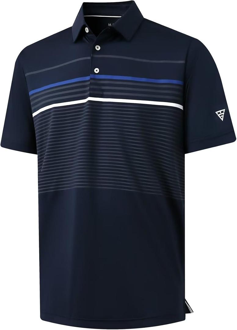 M MAELREG Golf Shirts for Men Short Sleeve Regular Fit Moisture Wicking Performance Casual Striped Print Mens Polo Shirts (M)