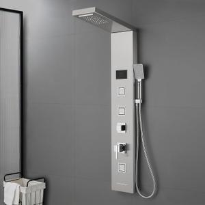 ROVOGO LED Rainfall Waterfall Shower Panel with 3 Body Jets, Handheld and Tub Spout, No Battery Needed Shower Tower with Temp Display, 304 Stainless Steel Brushed