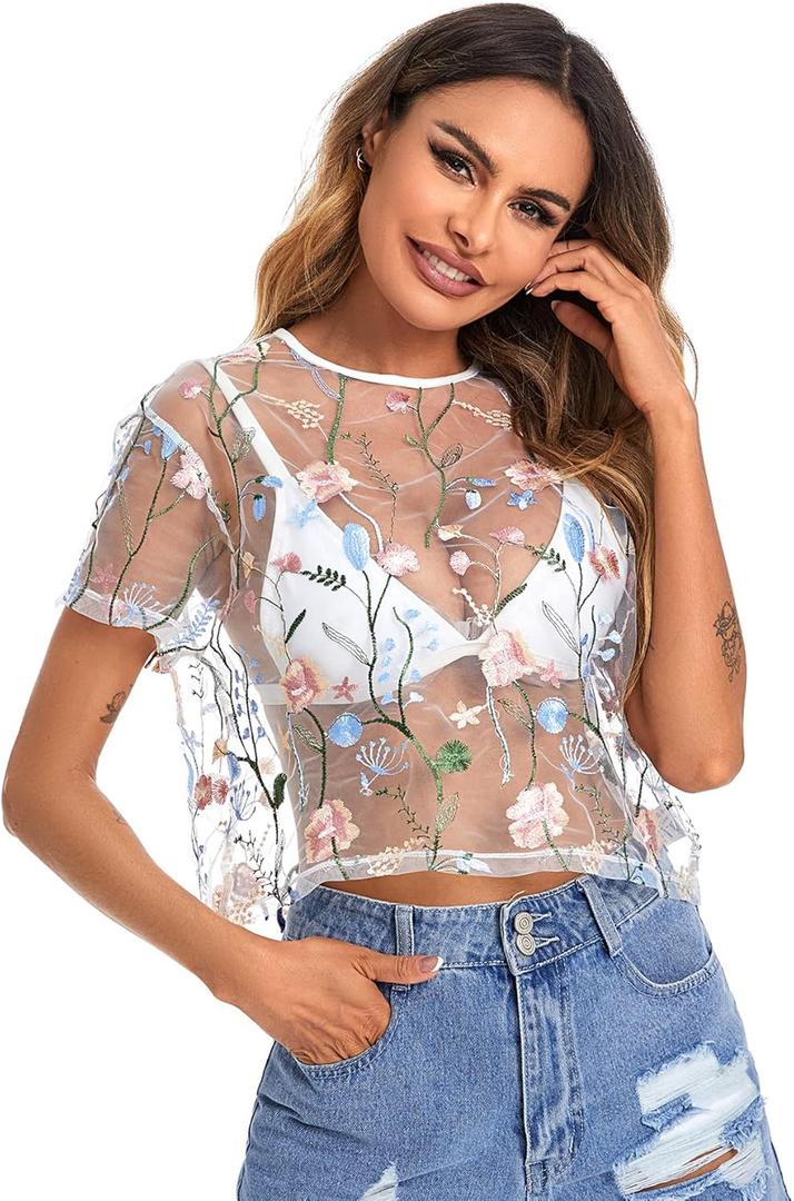 SweatyRocks Women Sheer Mesh Crop Tops Floral Embroided See Throught Short Sleeve Tee Shirt Blouse,Small