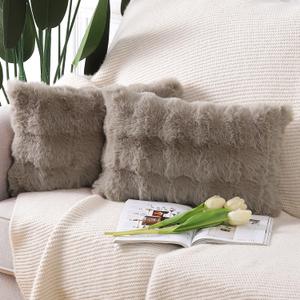 MADIZZ Pack of 2 Thick Plush Faux Wool Throw Pillow Covers Soft Boho Throw Pillows Luxurious Cushion Covers for Couch Sofa Bedroom Living Room Home Decor 12x20 Inch Taupe