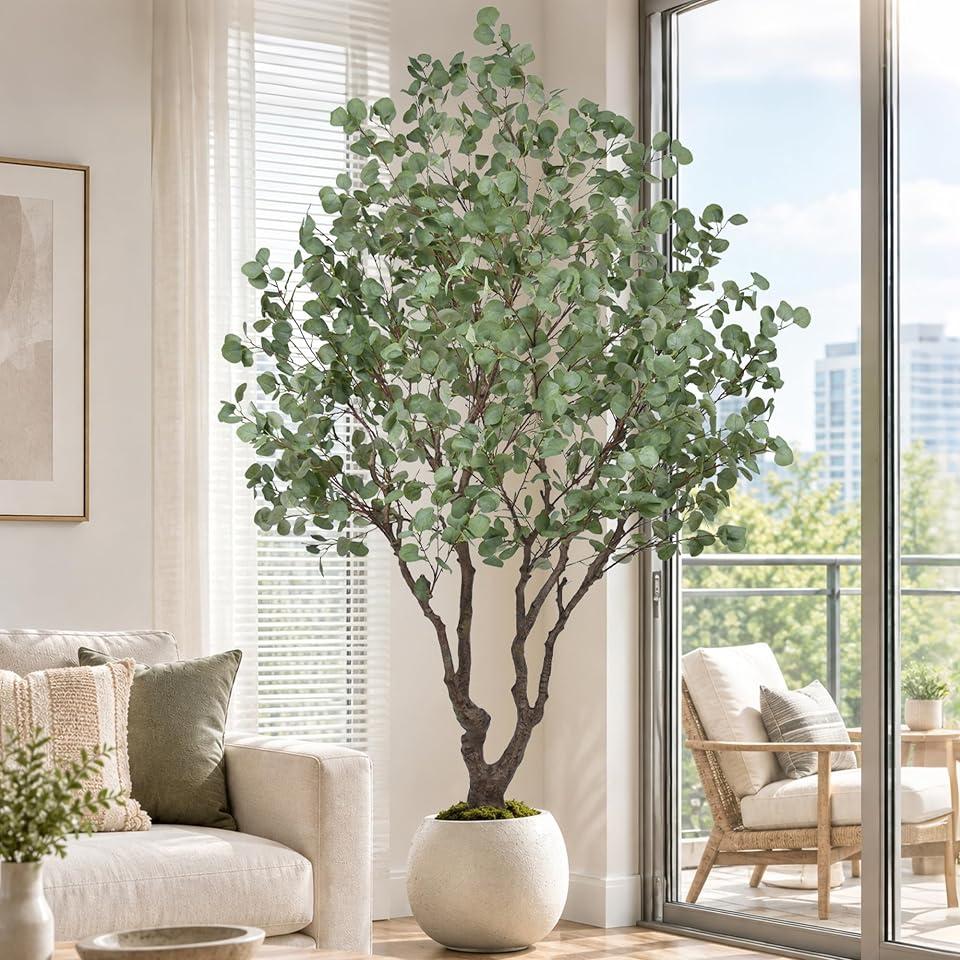 Artificial Eucalyptus Tree 7FT - Faux Indoor Floor Plant with Lifelike Leaves and Natural Wood Trunk Fake Plants with Pot Maximalist Decor Tree for Living Room Home Office