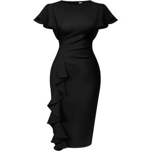 Memoriesea Women's Vintage Church Ruffle Sleeve Ruched Bodycon Work Midi Pencil Dress (X-Large, Black)