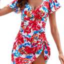 Women's One Piece Swimdress Swimsuits for Women Tummy Control Swim Dresses (Large, Hot Pink, Blue Floral Print)